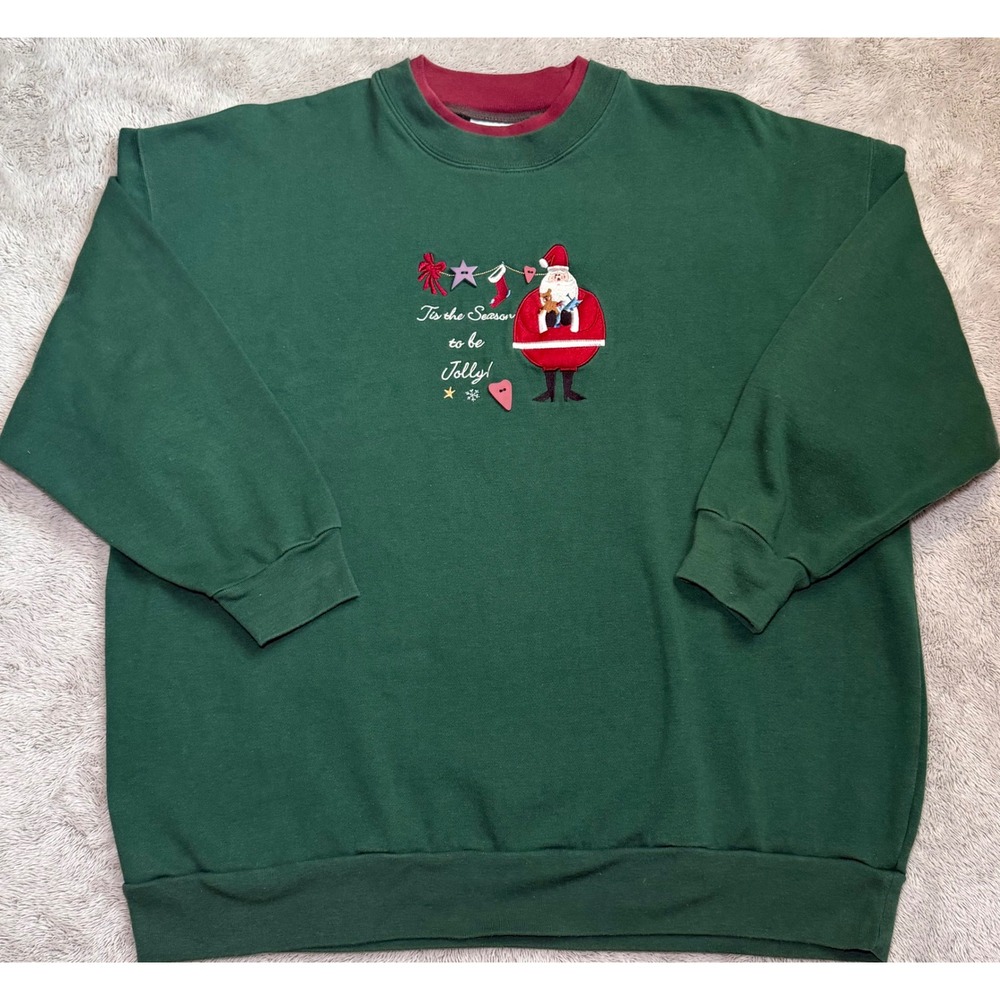 VTG MC Energy Sportswear Christmas Santa Sweatshirt Green Mens XL Embroidered